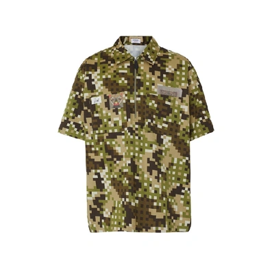 Shop Burberry Short-sleeve Montage Print Cotton Shirt In Khaki Green