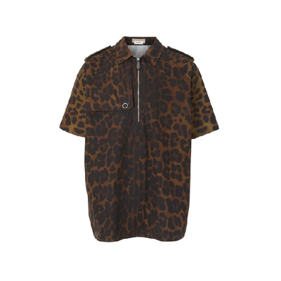 Shop Burberry Short-sleeve Leopard Print Cotton Shirt In Khaki Green