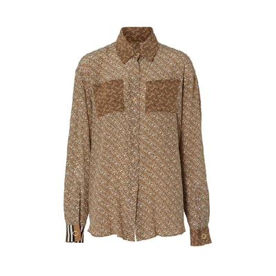 Shop Burberry Two-tone Monogram Print Silk Oversized Shirt In Light Camel