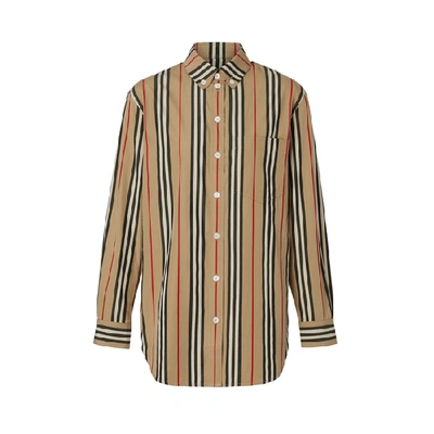 Shop Burberry Button-down Collar Icon Stripe Cotton Shirt In Archive Beige Ip S