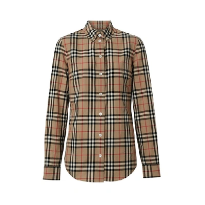 Shop Burberry Icon Stripe Detail Vintage Check Cotton Shirt In Archive Beige Ip Chk