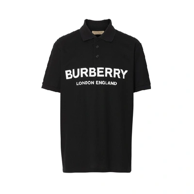 Shop Burberry Logo Print Cotton Pique Polo Shirt In Black
