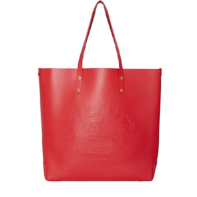 Shop Burberry Embossed Crest Leather Tote In Rust Red