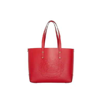 Shop Burberry Small Embossed Crest Leather Tote In Rust Red