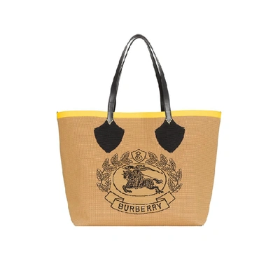 Shop Burberry The Giant Tote In Knitted Archive Crest In Black/iris Yellow