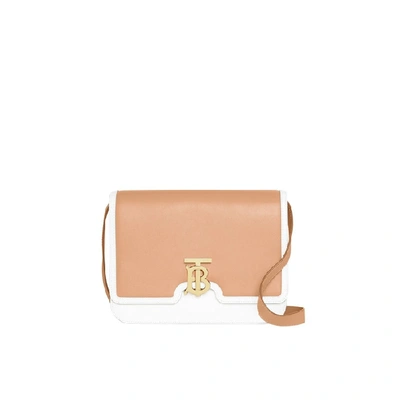 Shop Burberry Medium Two-tone Leather Tb Bag In Chalk Wt/light Camel