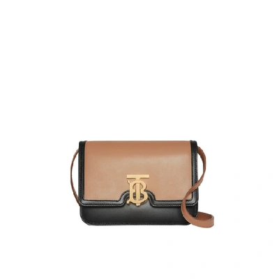 Shop Burberry Small Leather Tb Bag In Light Camel/black