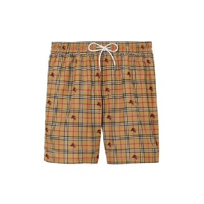 Shop Burberry Equestrian Knight Check Drawcord Swim Shorts In Camel Ip Check