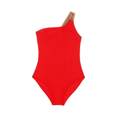 Shop Burberry Icon Stripe Detail Swimsuit In Bright Red