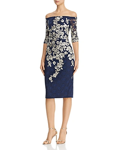 Shop Avery G Embroidered-lace Midi Dress In Navy/champagne