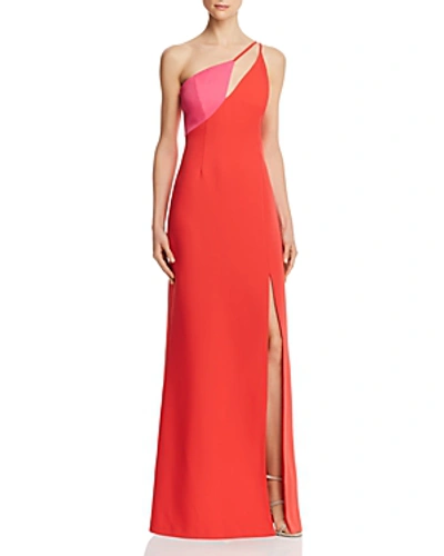 Bcbgmaxazria One-shouldered Satin Colorblock Gown In Rosso | ModeSens