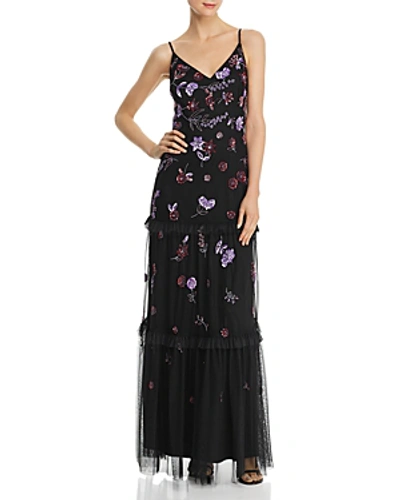 Shop Adrianna Papell Embellished Tiered-ruffle Gown In Black/red/multi