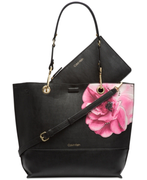 calvin klein black purse with pink flowers
