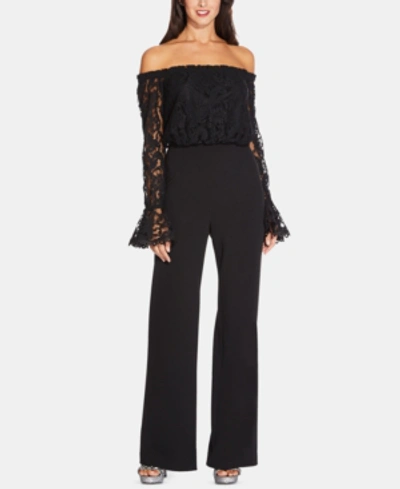 Shop Adrianna Papell Off-the-shoulder Lace Jumpsuit In Black