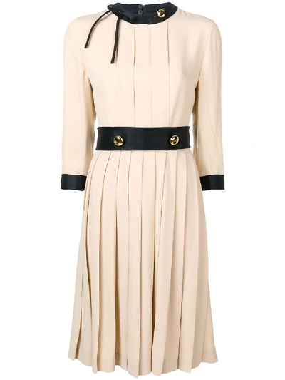 Shop Prada Contrast Detail Pleated Dress - Neutrals