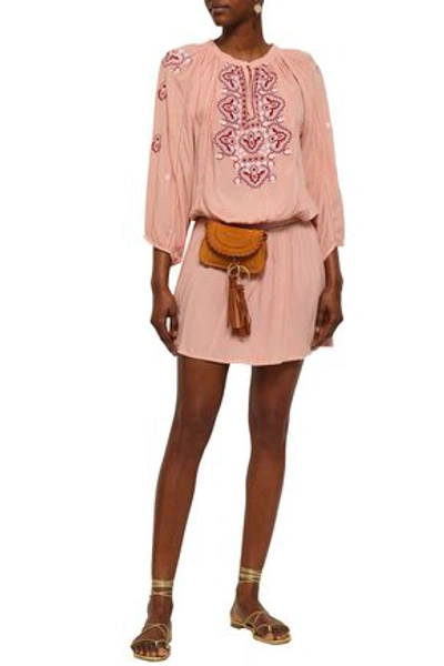 Shop Melissa Odabash Nadja Lace-up Embroidered Voile Mini Dress In Antique Rose