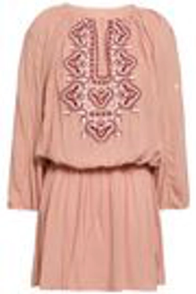 Shop Melissa Odabash Nadja Lace-up Embroidered Voile Mini Dress In Antique Rose