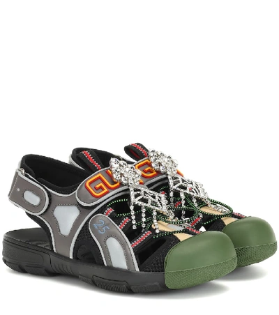 Shop Gucci Tinsel Leather And Mesh Sandals In Black