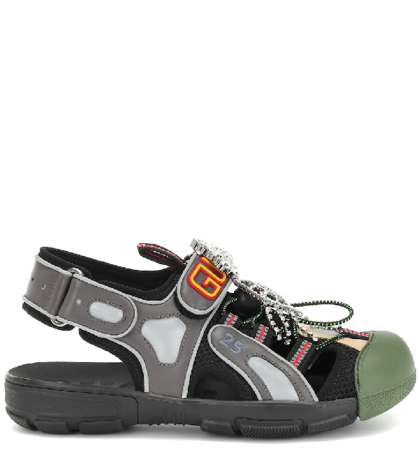 leather and mesh sandal with crystals