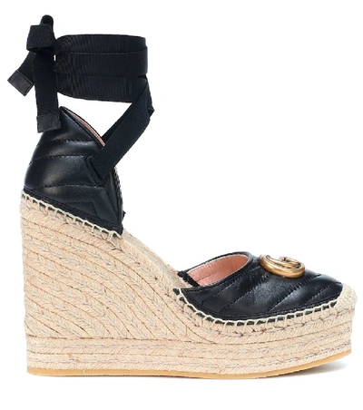 Shop Gucci Double G Leather Espadrille Wedges In Black