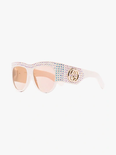 Shop Gucci Eyewear Nude Rhinestone-embellished Logo Plaque Tinted Sunglasses In Neutrals