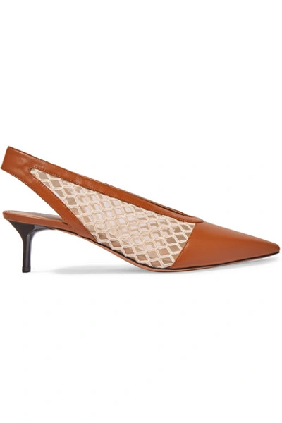Shop Altuzarra Peppino Fishnet And Leather Slingback Pumps In Tan