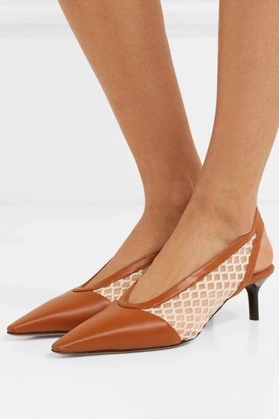Shop Altuzarra Peppino Fishnet And Leather Slingback Pumps In Tan
