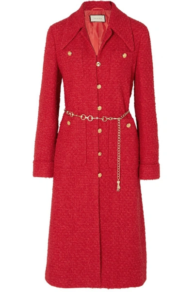 Shop Gucci Belted Tweed Coat In Red