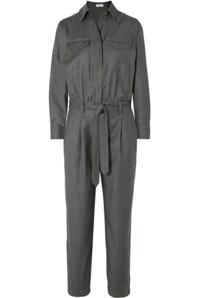 Shop Brunello Cucinelli Bead-embellished Belted Wool Jumpsuit In Charcoal