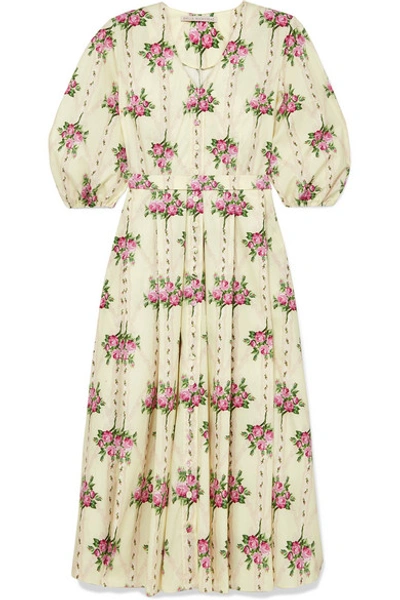 Shop Emilia Wickstead Pleated Floral-print Cotton Midi Dress In Yellow