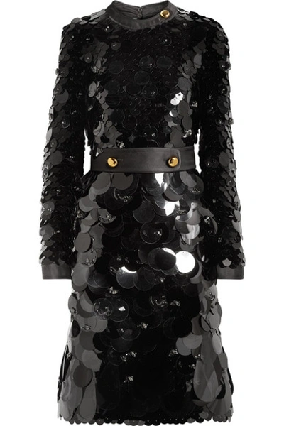 Shop Prada Belted Silk-trimmed Embellished Chiffon Dress In Black