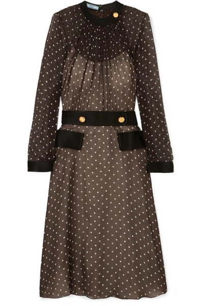 Shop Prada Belted Polka-dot Chiffon Midi Dress In Brown