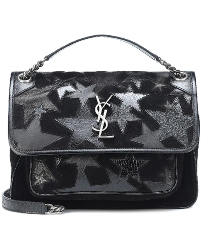 Shop Saint Laurent Niki Medium Suede Shoulder Bag In Black