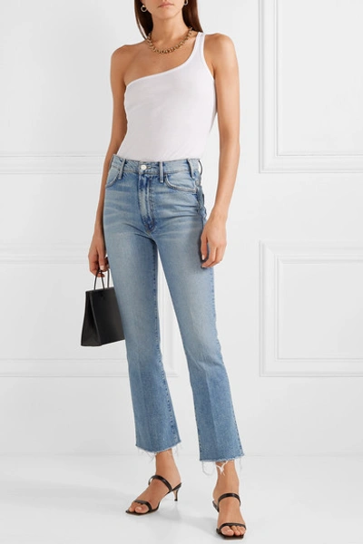 Shop Mother The Hustler Cropped Frayed High-rise Flared Jeans In Mid Denim