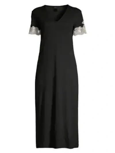 Shop Natori Shangrila Lace-trim Night Gown In Black