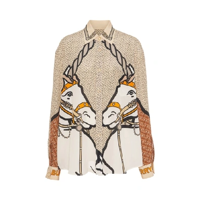 Shop Burberry Unicorn And Monogram Print Silk Oversized Shirt In Light Camel