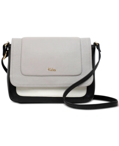 Shop Tula England Colorblocked Flapover Leather Crossbody In Black/gold