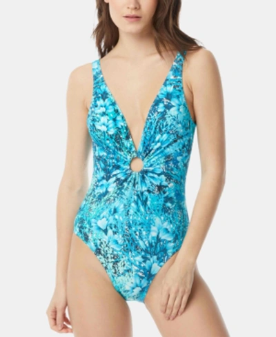 Shop Carmen Marc Valvo Printed Deep V-neck One-piece Swimsuit Women's Swimsuit In Caribbean Blue