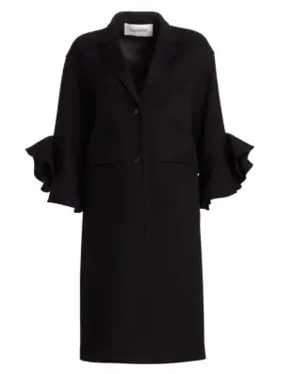 Shop Valentino Ruffle Sleeve Virgin Wool & Cashmere Coat In Navy