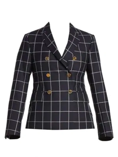 Shop Thom Browne Check Wool Double-breasted Blazer In Navy