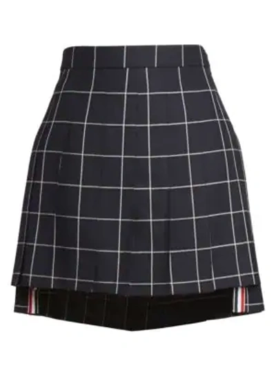 Shop Thom Browne High-low Pleated Check Wool Skirt In Navy