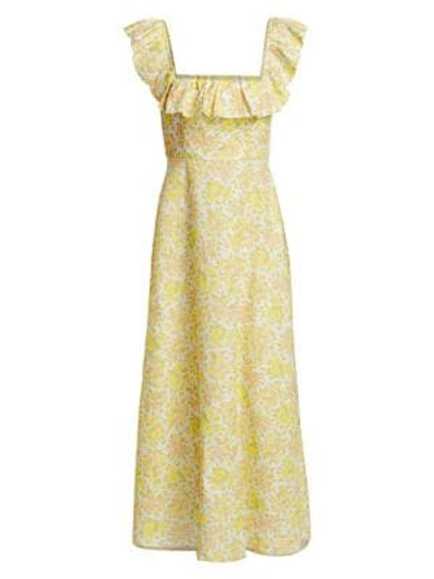 Shop Zimmermann Goldie Ruffled Floral Linen Maxi Dress In Citrus Floral