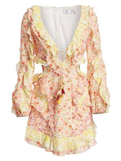 Shop Zimmermann Goldie Cutout Ruffled Floral Mini Dress In Spliced