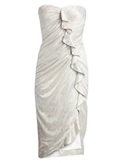 Shop Jonathan Simkhai Plisse Lamé Ruffled Bustier Dress In Cool Silver