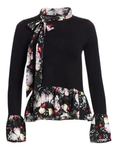 Shop Erdem Thora Floral Trim Bell Cuff Sweater In Black Multi