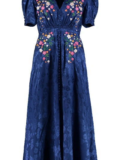 Shop Saloni Lea Embroidered Silk Dress In Blue