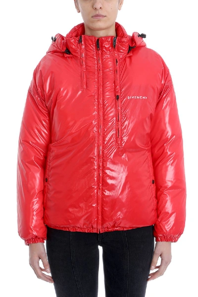 Shop Givenchy Red High-shine Logo-print Shell Hooded Puffer Jacket