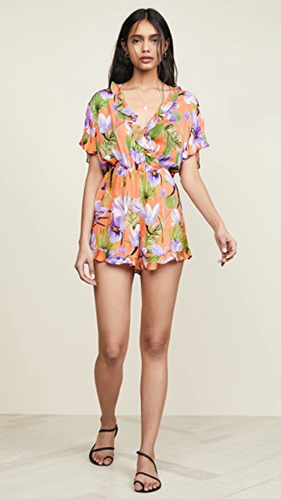 Shop Alice And Olivia Sachi Ruffled Romper In Floral Palm Coral