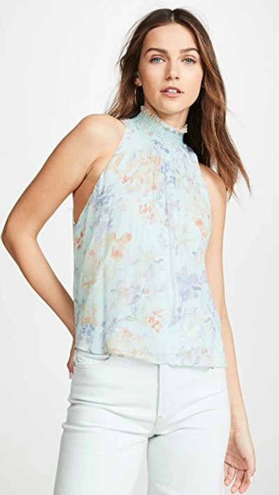 Shop Alice And Olivia Annmarie Smocked High Neck Tank In Water Petal Venus Multi