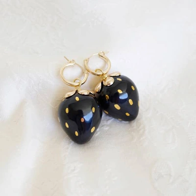 Poporcelain Golden Black Porcelain Strawberry Earrings